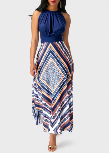 Sleeveless Band Waist Printed Maxi Dress 