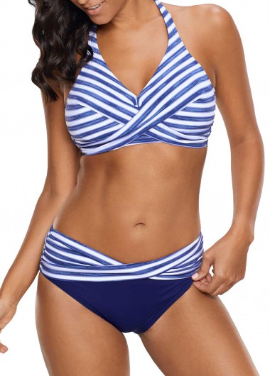 Modlily Women&apos;s Blue Halter Striped Bikini Set Swimsuit - L