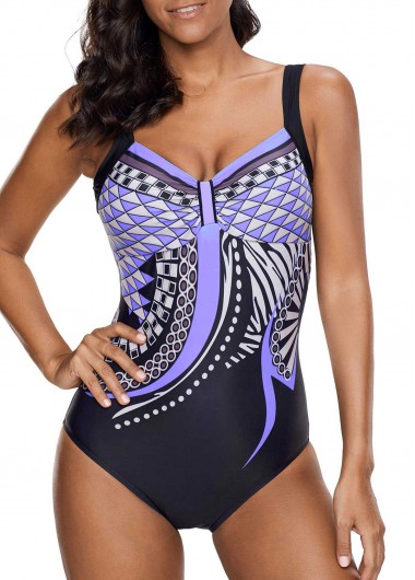 Open Back Geometric Print One Piece Swimwear - XXL