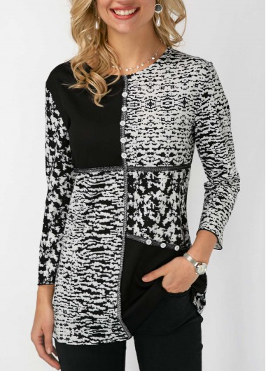 Modlily Womens 3/4 Sleeve Color Block White And Black Casual Top Blouse - S