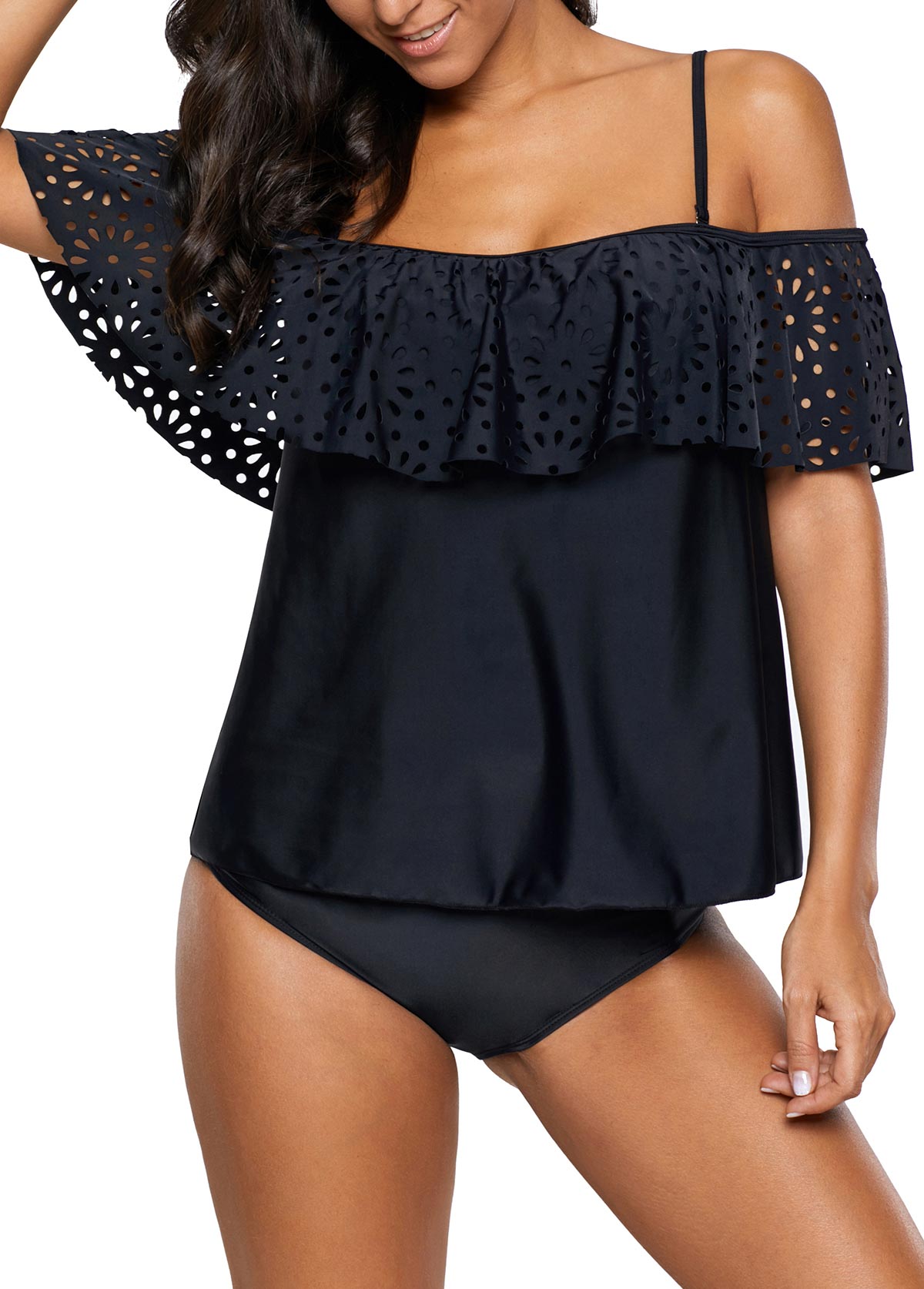Black Off the Shoulder Ruffle Trim Tankini Set USD 32.98