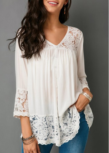 Modlily Women's 3/4 Sleeve V Neck Lace White Top - S