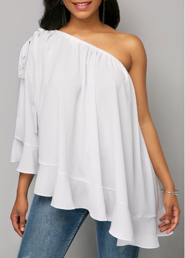 Modlily Solid White One Shoulder Ruffle Blouse - L