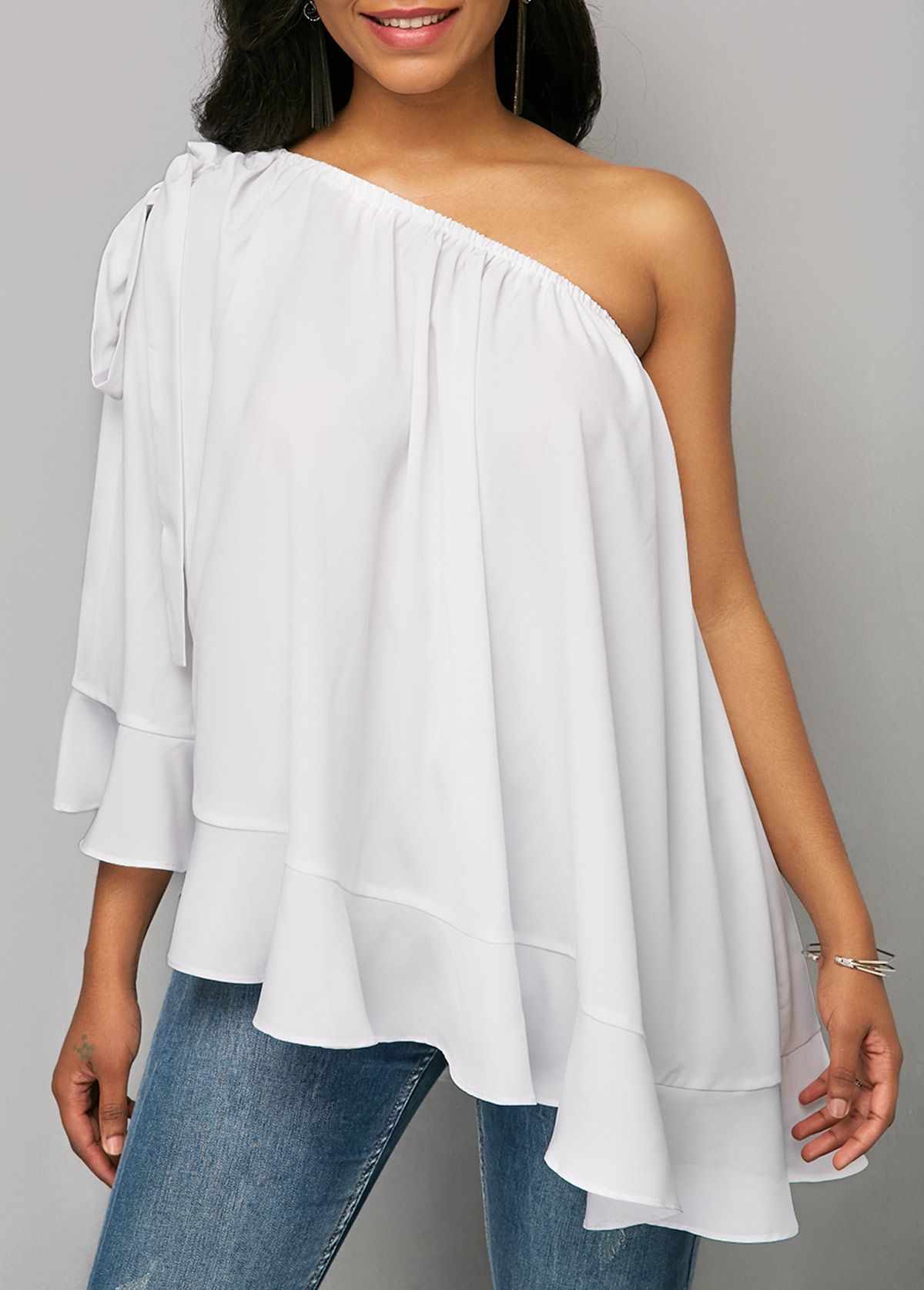 Solid White One Shoulder Ruffle Blouse | modlily.com - USD $13.99