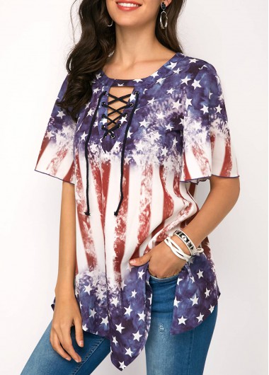 Star and Stripe Print Lace Up Blouse