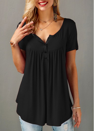 Modlily Button Detail Short Sleeve Black Blouse - L