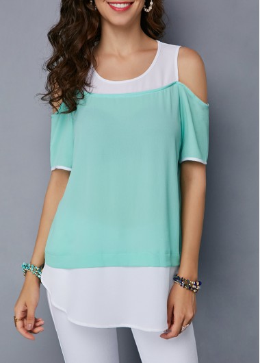 Modlily Cold Shoulder Mint Green Curved Blouse - M