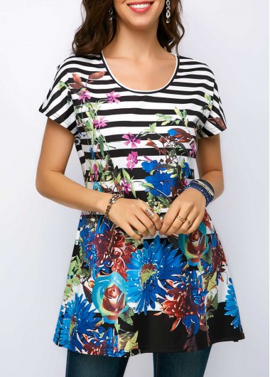 Flower Print Round Neck Short Sleeve Blouse - XL