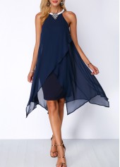 Embellished Neck Asymmetric Hem Chiffon Overlay Dress
