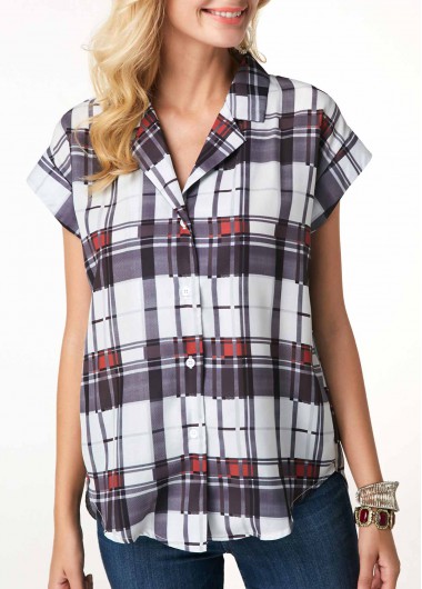 Modlily Short Sleeve Button Up Plaid Print Blouse - M