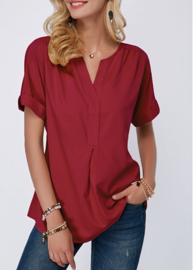 Modlily Women's Red Tunic Tops For Women Split Neck Short Sleeve Wine Red Blouse - M