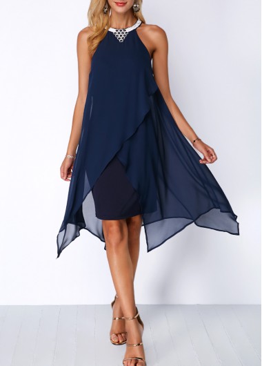 women clothes image of Embellished Neck Asymmetric Hem Chiffon Overlay Dress