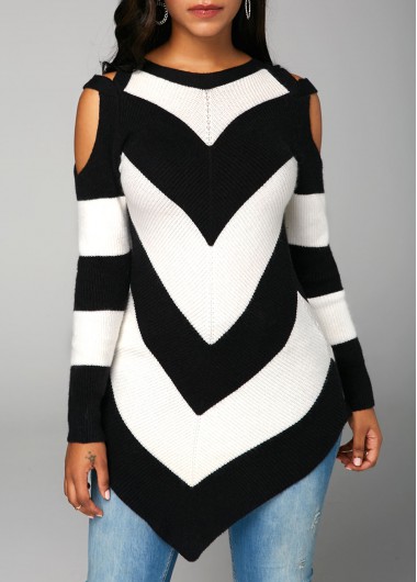 Modlily Cold Shoulder Chevron Pattern Long Sleeve Sweater - M