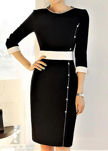 Contrast Panel Three Quarter Sleeve Black Dress - XXL
