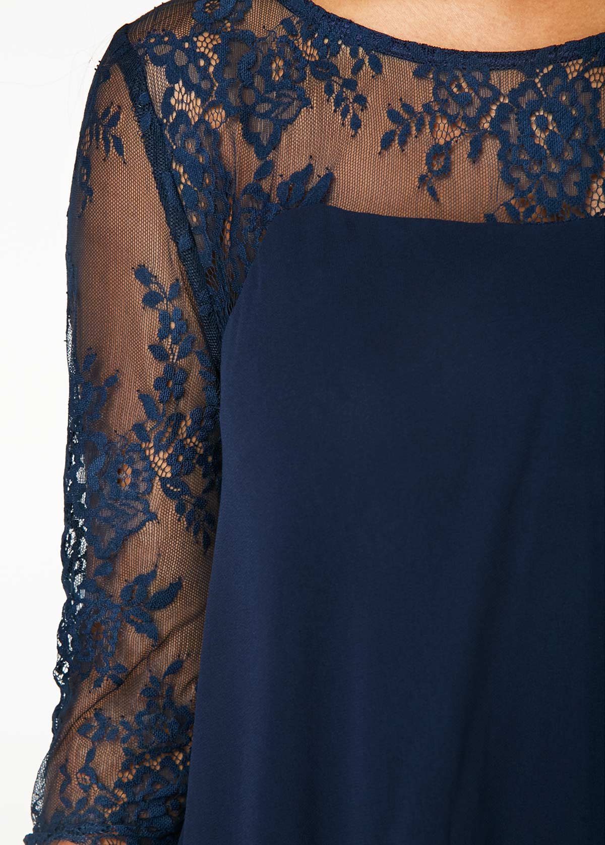 Navy Blue Three Quarter Sleeve Chiffon Overlay Lace Dress