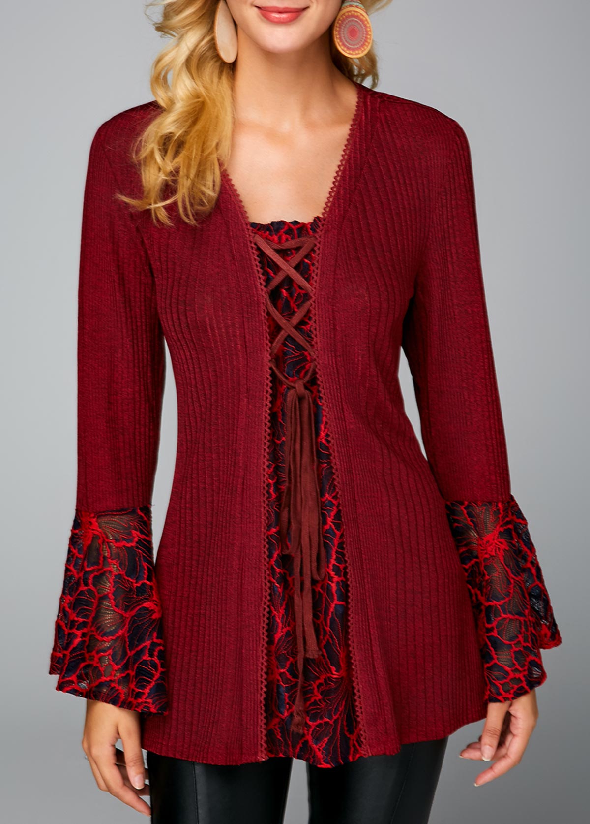 Flare Sleeve Wine Red Lace Up Sweater