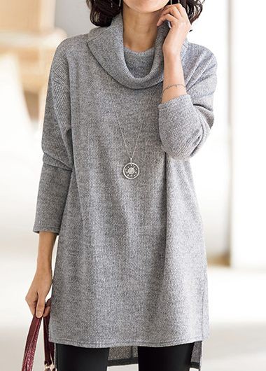 Cowl Neck Light Grey Long Sleeve Blouse - XXL