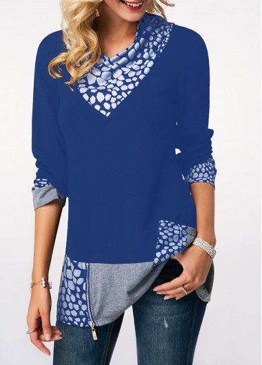 Buy Cheap Women's Casual Blue T Shirts For Women Zipper Detail Cowl ...