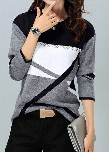 Modlily Dark Grey Round Neck Geometric Pattern Sweater - M