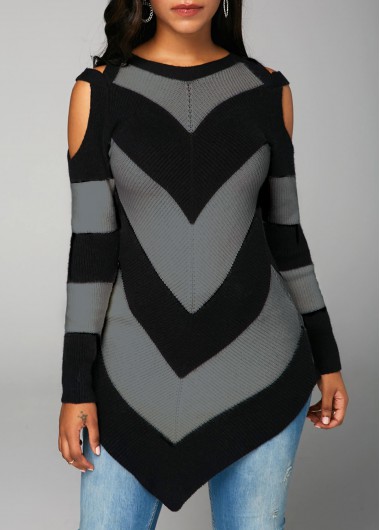 Modlily Asymmetric Hem Long Sleeve Black Sweater - M