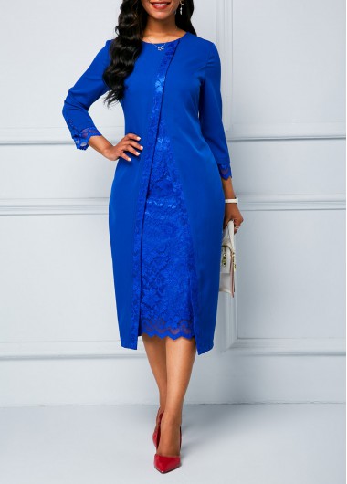 Royal Blue Long Sleeve Shift Sheath Dress Lace Panel Royal Blue Long Sleeve Sheath Dress - XXL