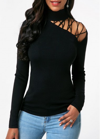 Modlily Strappy Shoulder Long Sleeve Mock Neck Sweater - L