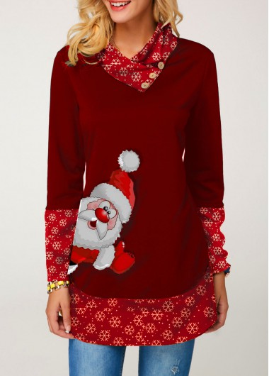 Christmas Shirt Button Embellished Santa Print Long Sleeve T Shirt for Women - S