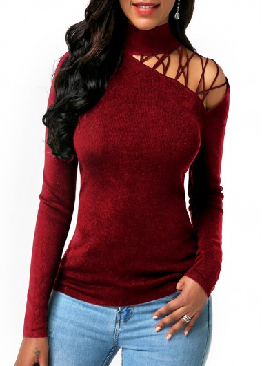 Modlily Women's High Neck Long Sleeve Wine Red Casual Pullover Fall Sweater - L