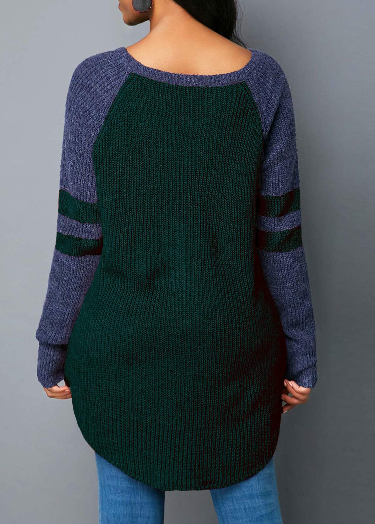 Varsity Stripe Curved Hem Dark Green Sweater 