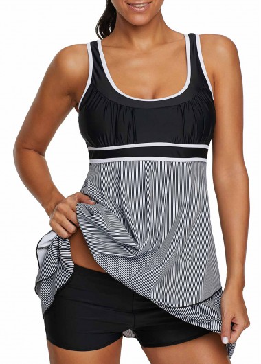 Modlily Contrast Color Strap Print Swimdress With Panty Contrast Piping Scoop Back Layered Swimdress And Shorts - XXL