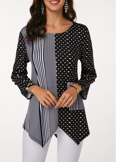 Modlily Women's Long Sleeve Striped And Dot Print Blouse - M