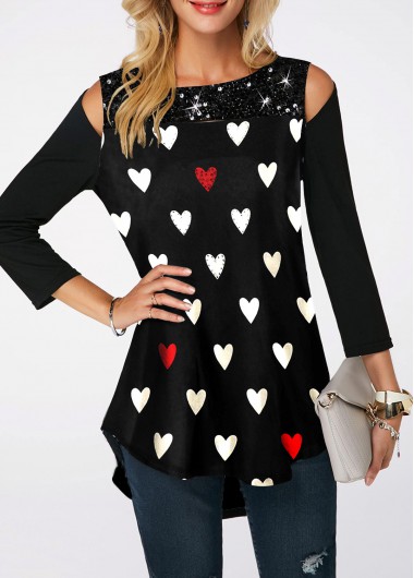 Black Curved Hem Sequin Embellished Cold Shoulder T Shirt