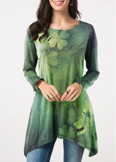 Roll Tab Sleeve Clover Print St Patricks Day Curved Blouse
