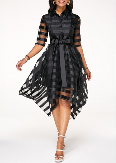 Black Stripe Mesh Overlay Asymmetric Hem Dress Sheer Striped Black Half Sleeve Belted Dress - XXL