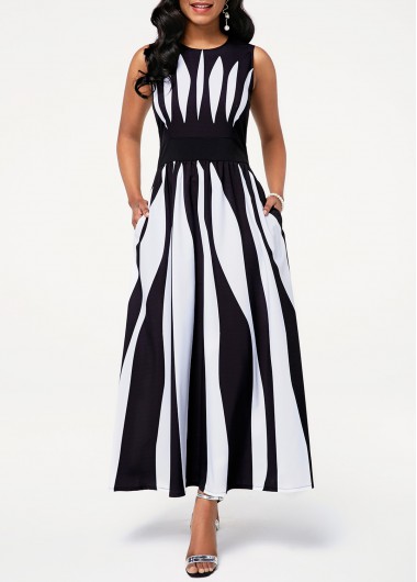 Round Neck Sleeveless Stripe Print Pocket Dress