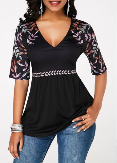 Modlily Half Sleeve Black V Neck Printed T Shirt - S