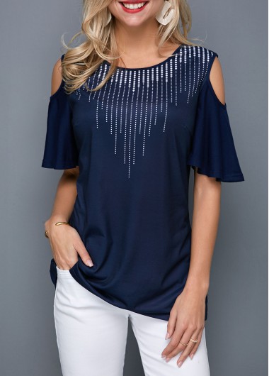 women clothes image of Cold Shoulder Dot Print Navy Blue T Shirt