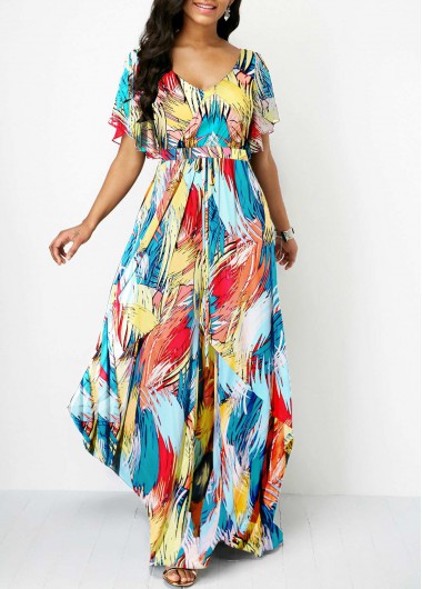 Multicolor Printed Butterfly Sleeve Maxi Dress V Neck Butterfly Sleeve Printed Dress - L