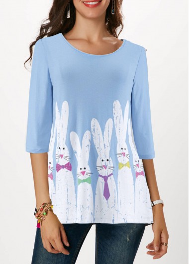 Modlily 3/4 Sleeve Rabbit Print Blue Cute Easter Shirts For Women - M