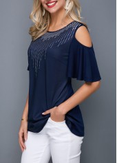 Cold Shoulder Dot Print Navy Blue T Shirt | thumb picture 