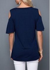 Cold Shoulder Dot Print Navy Blue T Shirt | thumb picture 
