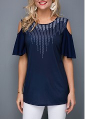 Cold Shoulder Dot Print Navy Blue T Shirt | thumb picture 