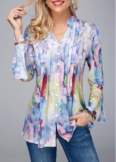 Women's Multi Color Long Sleeve Tunic Top Split Neck Crinkle Chest Flare Cuff Blouse - XL