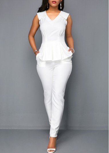 Modlily V Neck Peplum Sleeveless White Jumpsuit - M