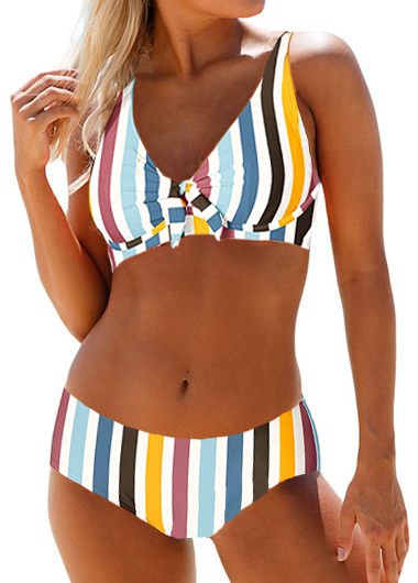 Modlily Womens Multicolor Striped Underwire Bikini Set Mid Spaghetti Strap Swimsuit - XL