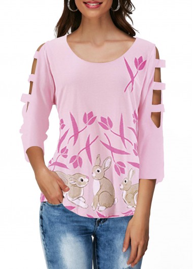 Easter Rabbit Print Cutout Sleeve Light Pink T Shirt - M