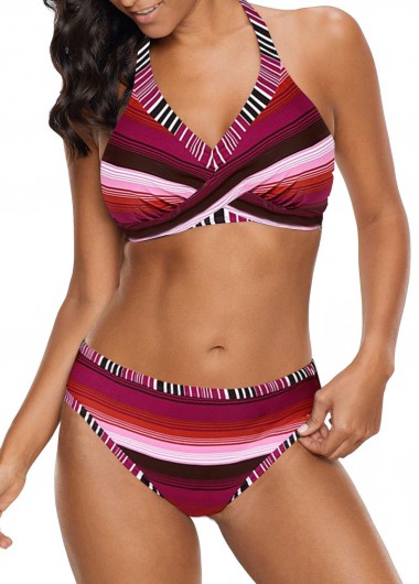 Modlily Multi Stripe Halter Twist Front Bikini Set - L