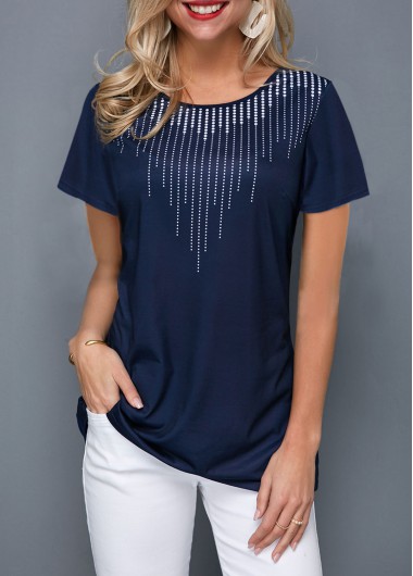 Modlily Short Sleeve Printed Navy Blue T Shirt - M