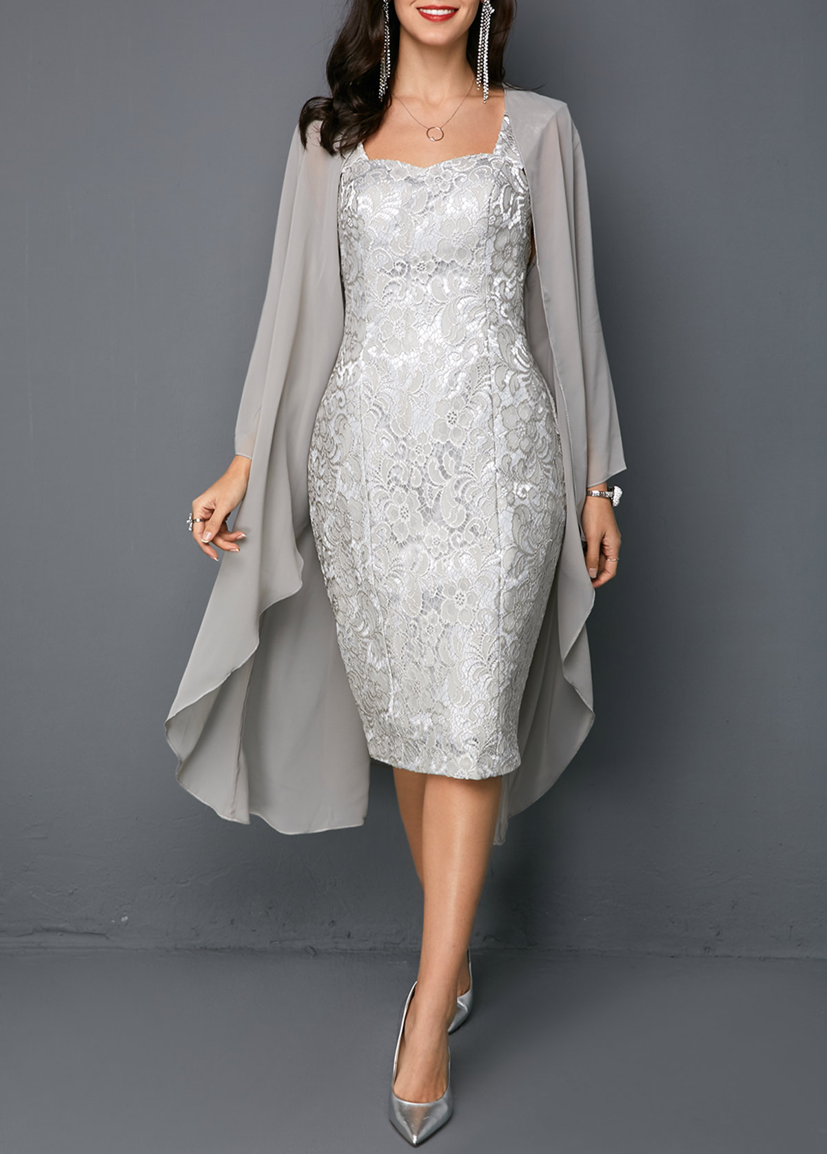 Open Front Cardigan and Tie Back Lace Sheath Dress