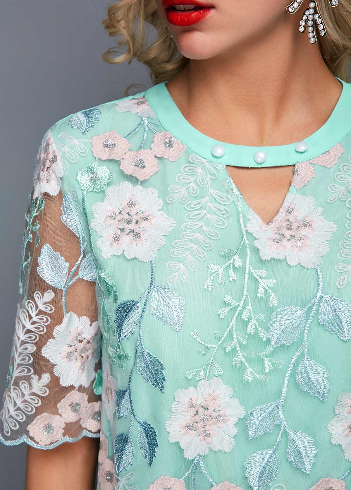 Keyhole Neckline Faux Pearl Lace Blouse USD 35.87